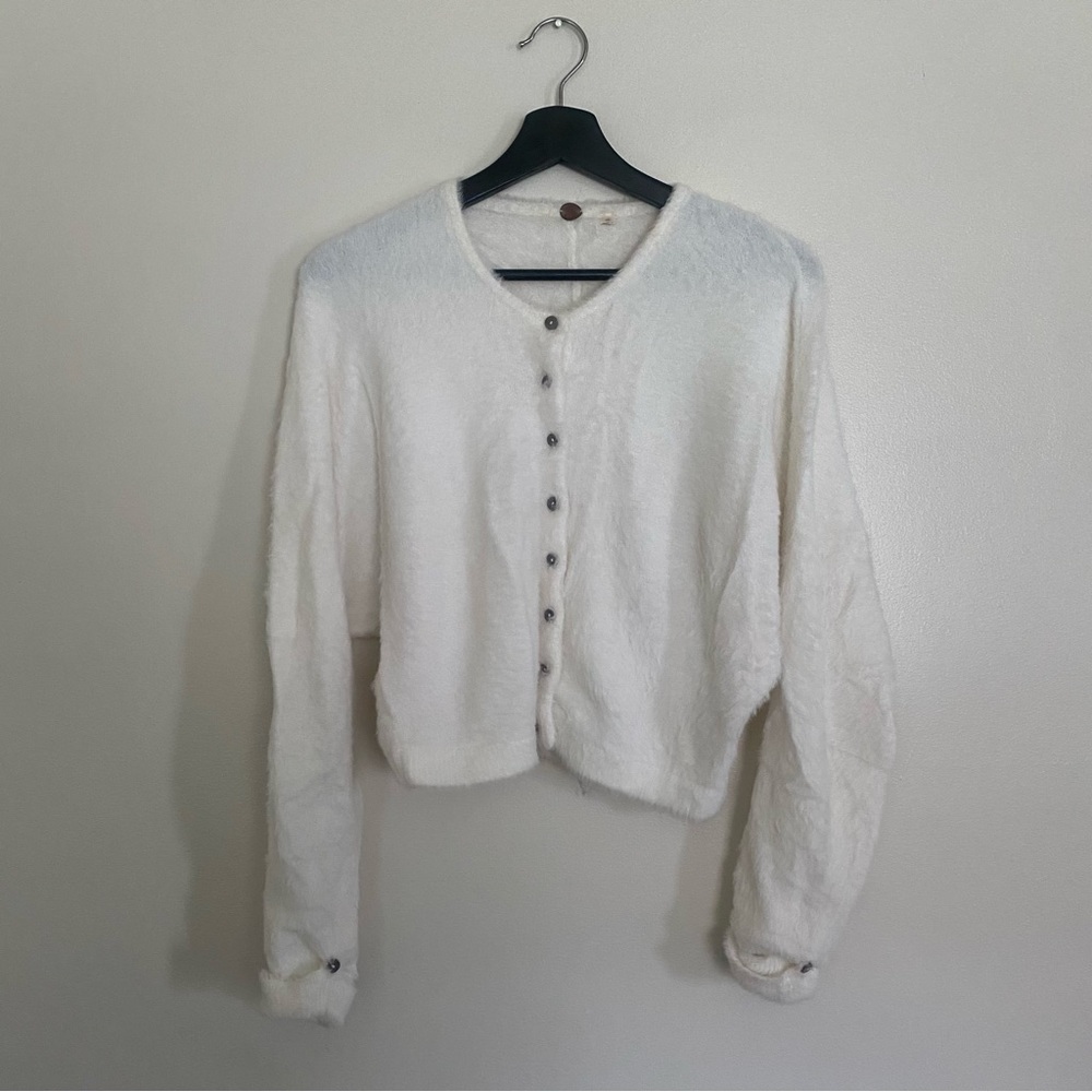 FP One White Fuzzy Button-Front Women's Sweater